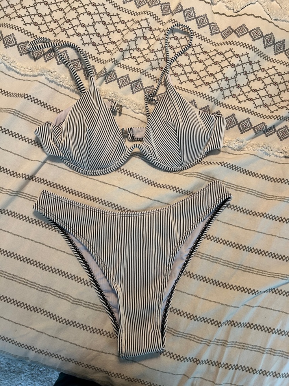 Amazon Women's Black and White Striped Bikini Set